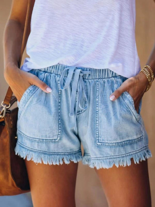 High Waisted Drawstring Denim Fringe Shorts