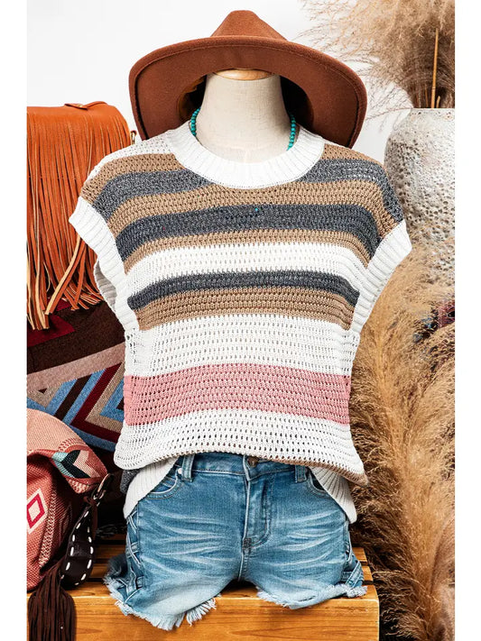 Multi-Stripe Knit Short Sleeve Sweater