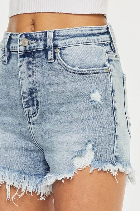 High Rise Fray Hem Denim Shorts